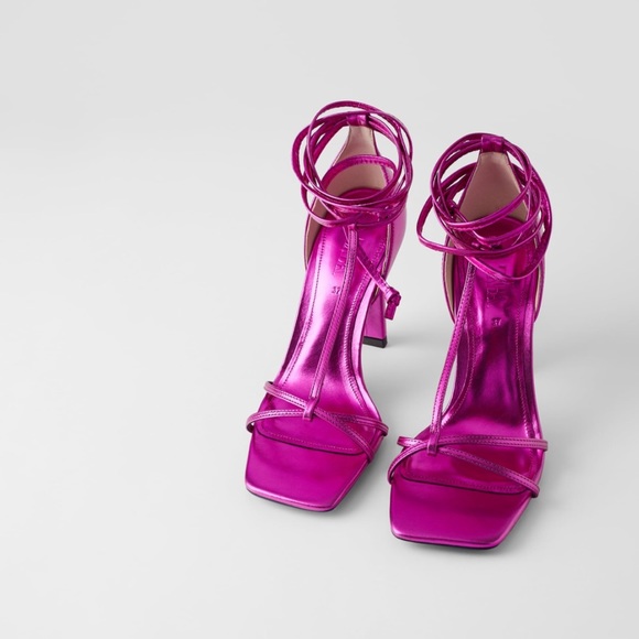 Zara Shoes - ZARA Fuchsia Leather Sandals with Tie Ankle Straps
